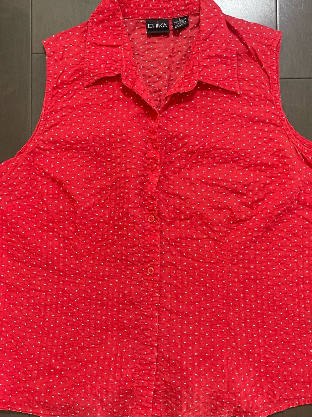 Cottagecore Vintage Retro ERIKA Red w Polkadots Sleeveless Button-Down Shirt